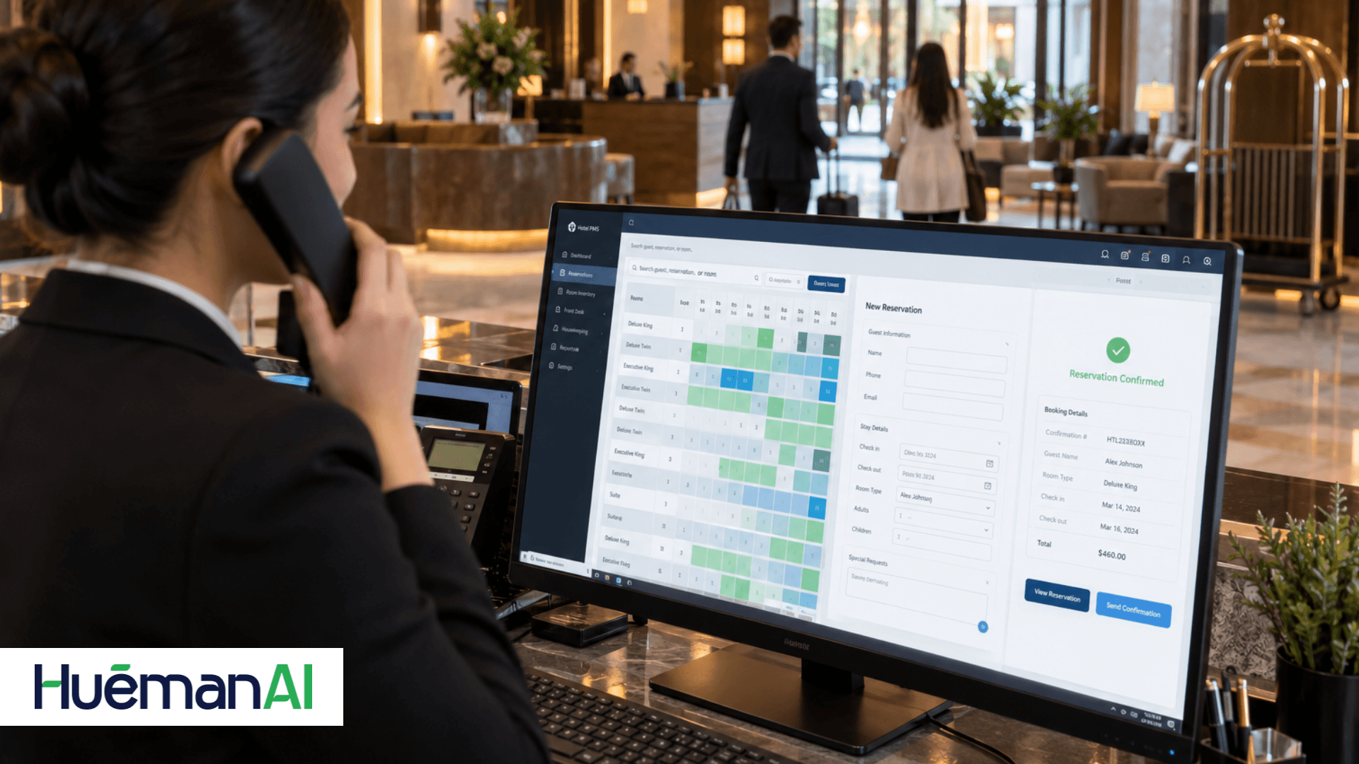 Hotel receptionist checking automated instant reservation confirmation on the hotel PMS system