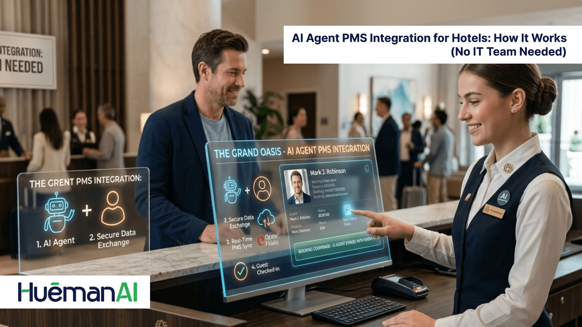 AI Agent PMS Integration for Hotels: How It Works (No IT Team Needed) — front desk digital PMS integration with HuemanAI