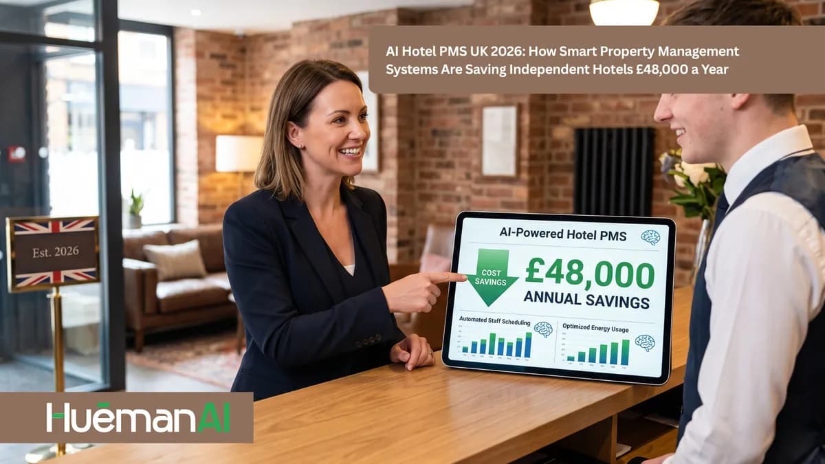 AI-powered hotel property management system dashboard showing automated check-in and revenue management for UK hotels