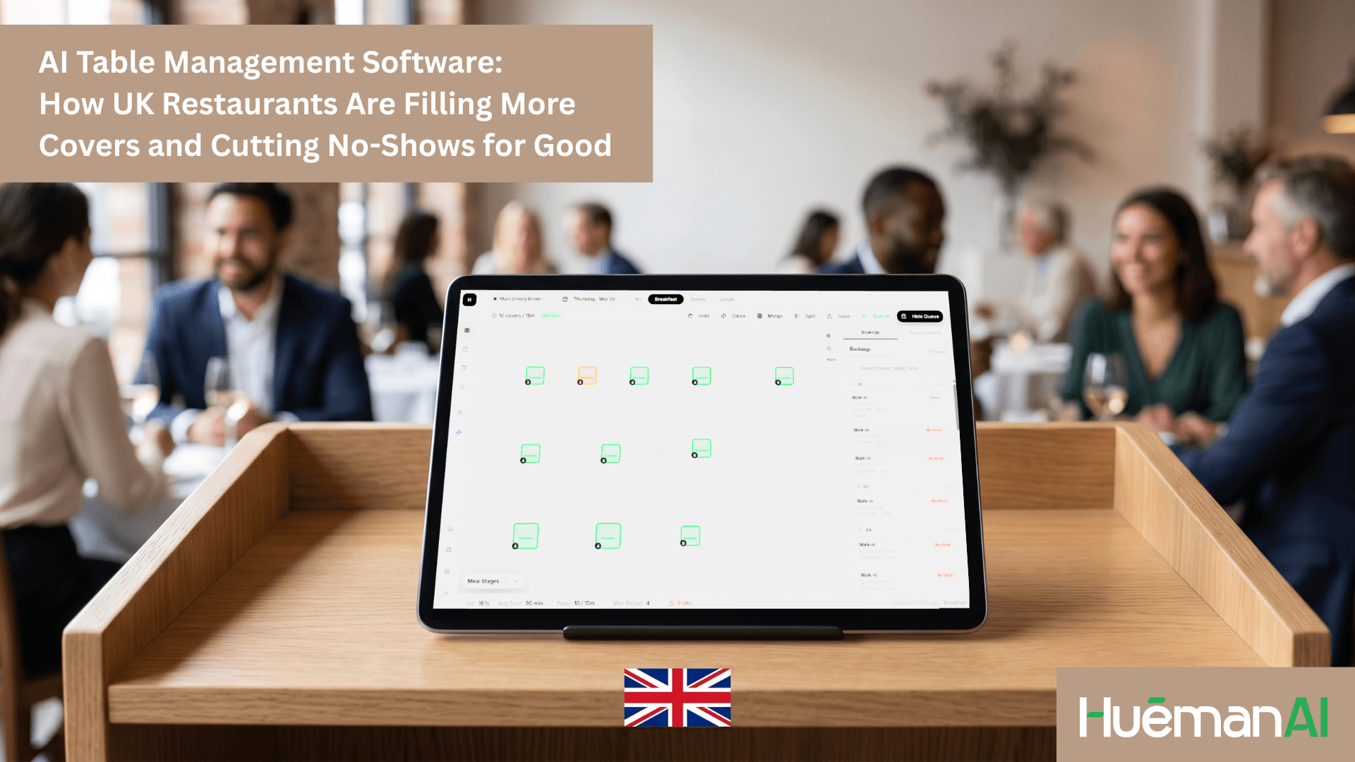 AI table management software dashboard in a UK restaurant setting