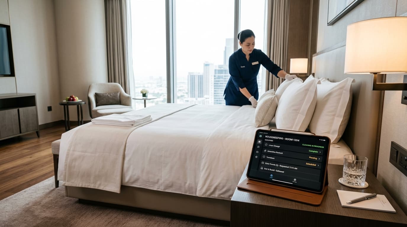 AI housekeeping agent for hotels coordinating guest amenity requests and real-time room status updates in luxury hotel operations