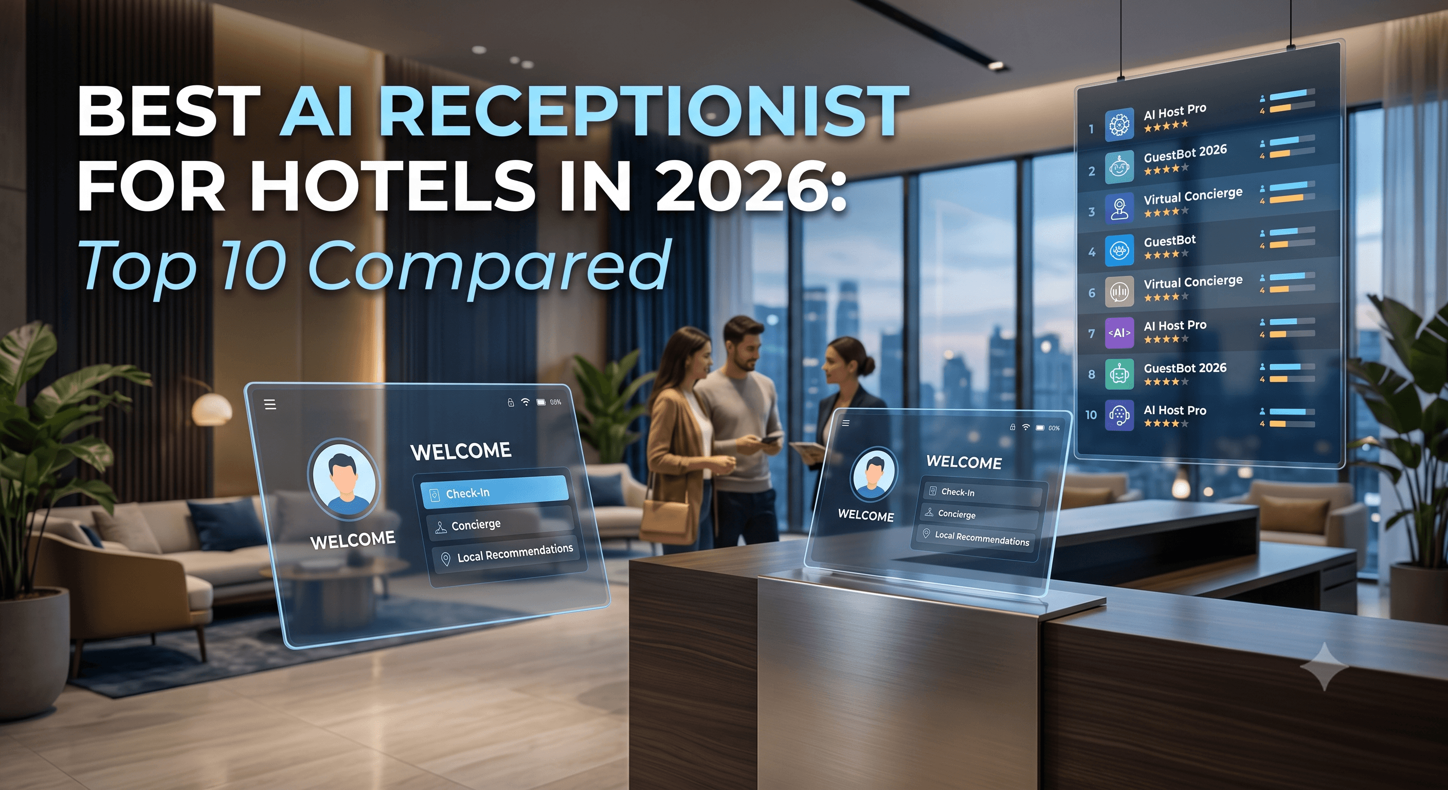 Comparison of the best AI receptionist platforms for hotels in 2026 showing voice AI, chatbot, and automation features