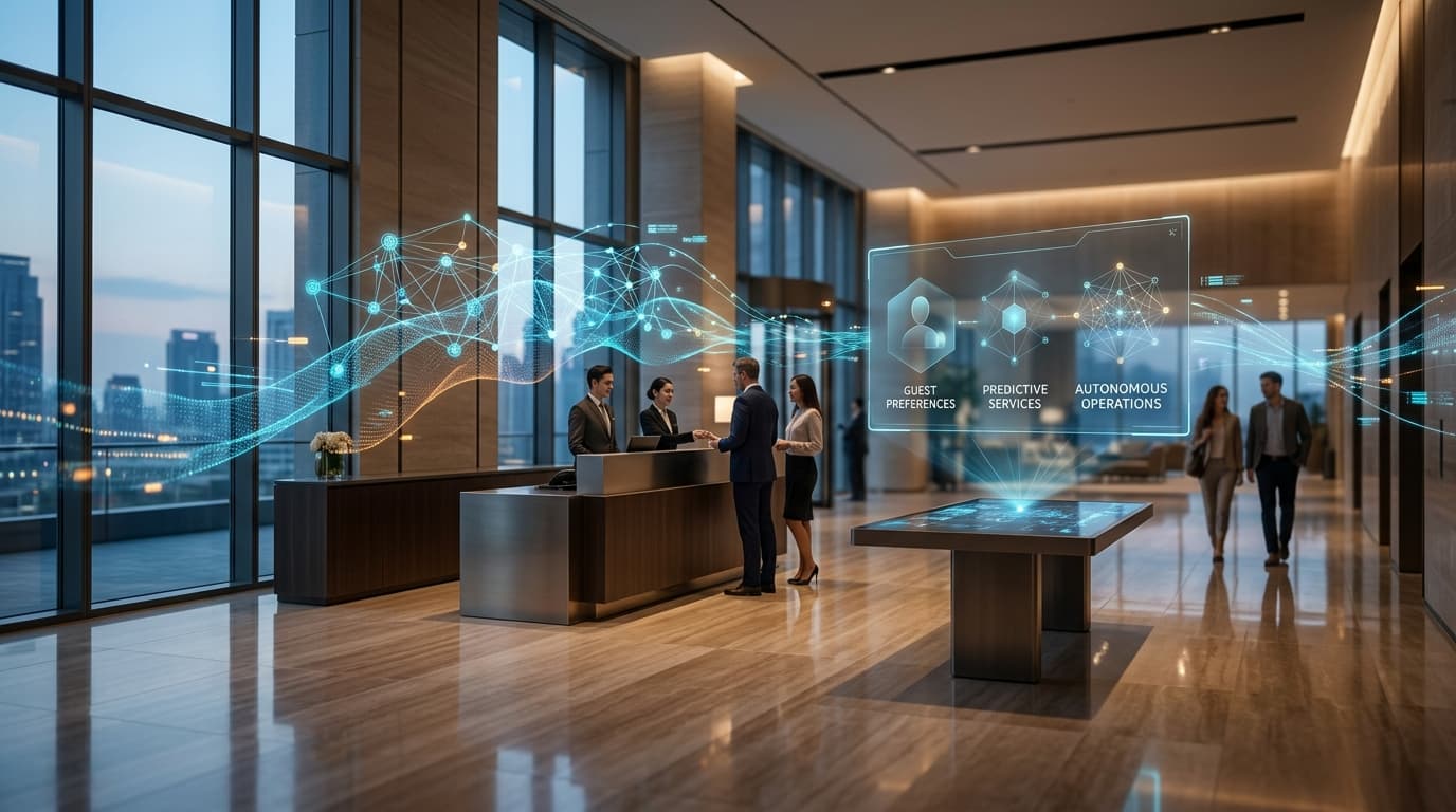 Superintelligence (SI) vs AI in hospitality: luxury hotel lobby with autonomous intelligence and digital concierge interface
