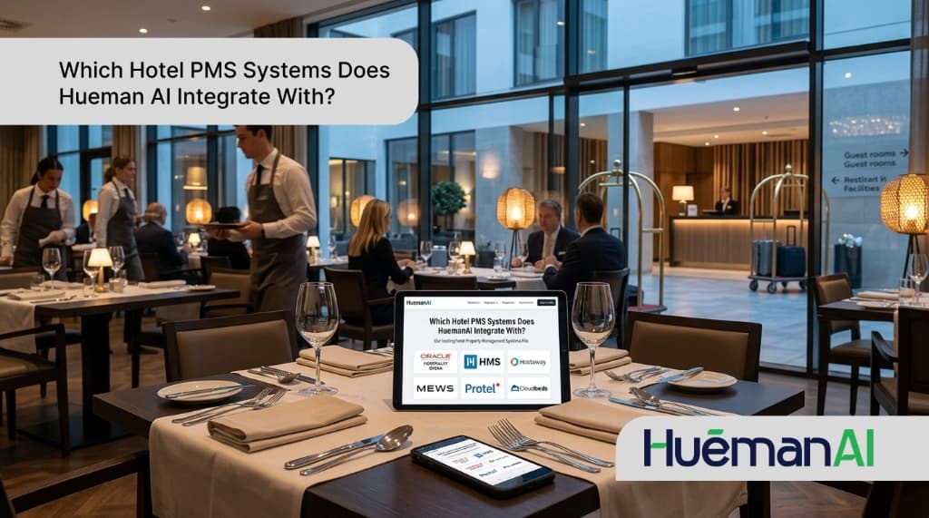 Which Hotel PMS Systems Does Hueman AI Integrate With? — tablet displaying Oracle OPERA, HMS, Hostaway, Mews, Protel, and Cloudbeds integrations