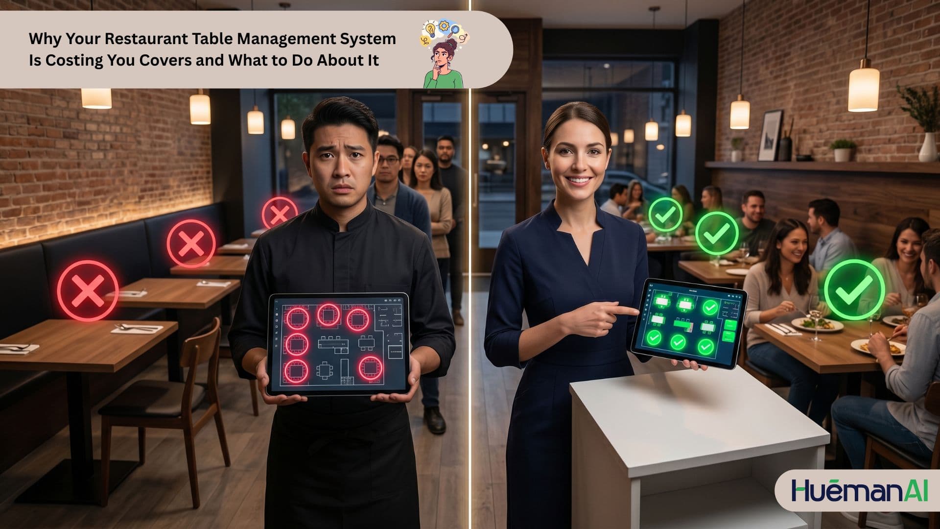 Restaurant floor manager using HuemanAI table management system on a busy Friday service