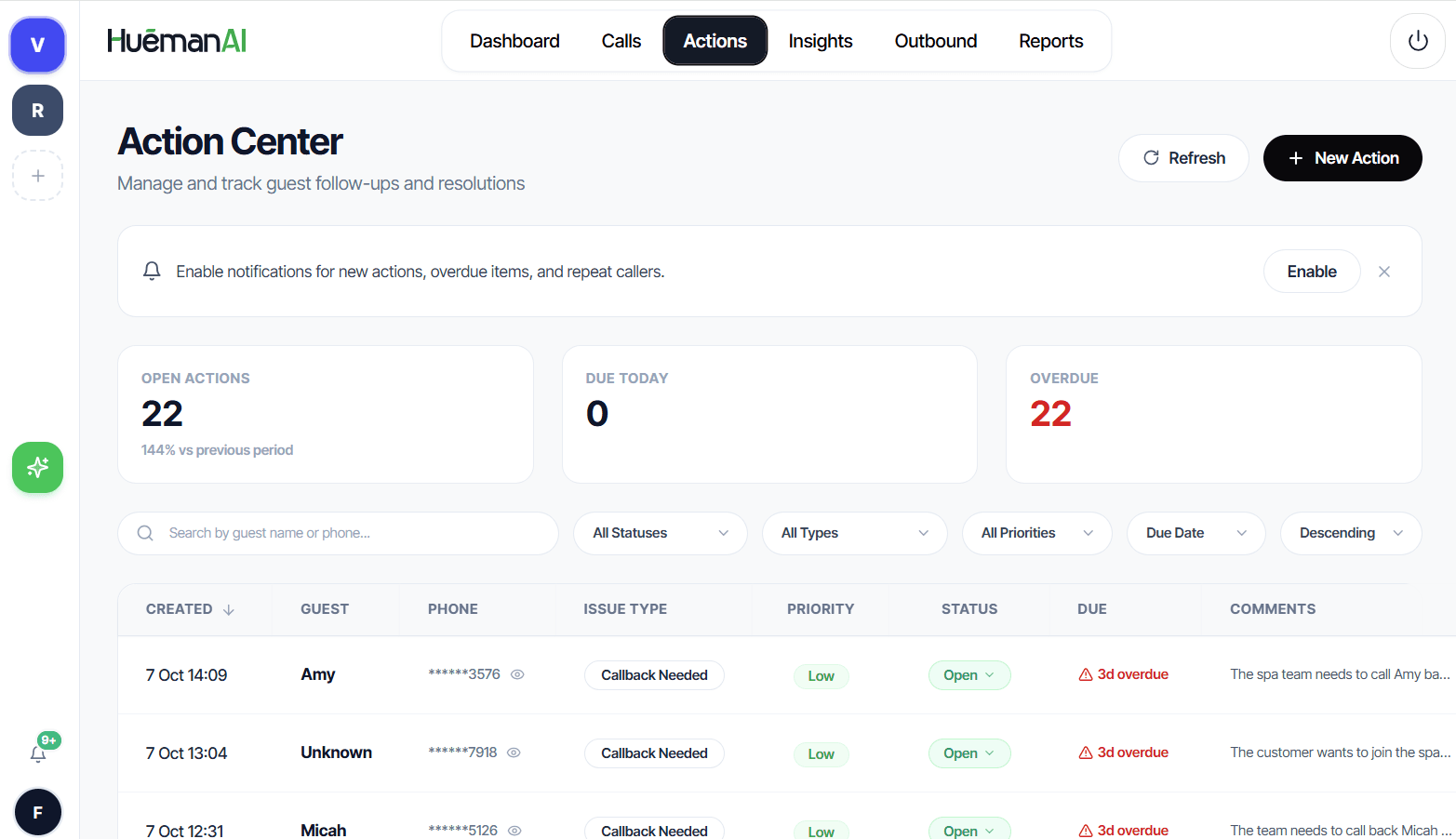 HuemanAI Action Center Followups and Inbound Website Lead Callback Dashboard