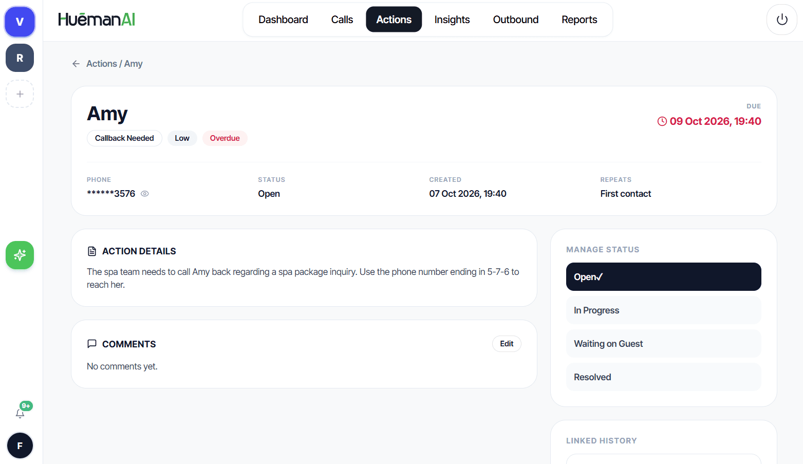 HuemanAI Action Detail CRM Record showing guest intent, task details, and qualification fields