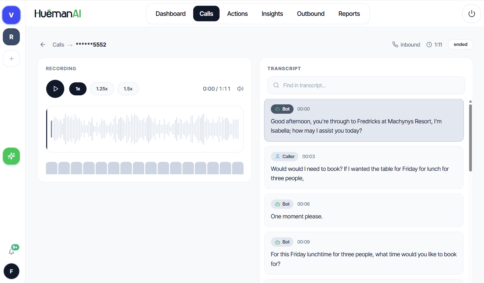 HuemanAI Call Recording and Automated Audio Transcription Screenshot